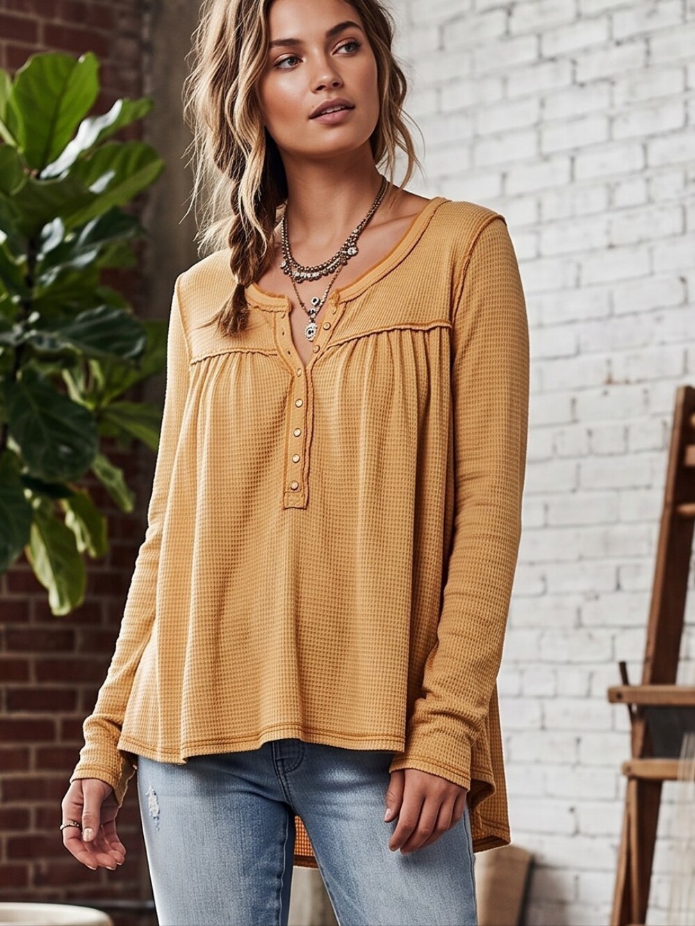 Free People We The Free Mustard Waffle Knit Thermal Long Sleeve Henley Top Small